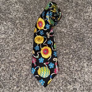 VTG Leonard Paris Men's 100% Silk Black Floral Fabrege Jewel Pendant Tie Necktie